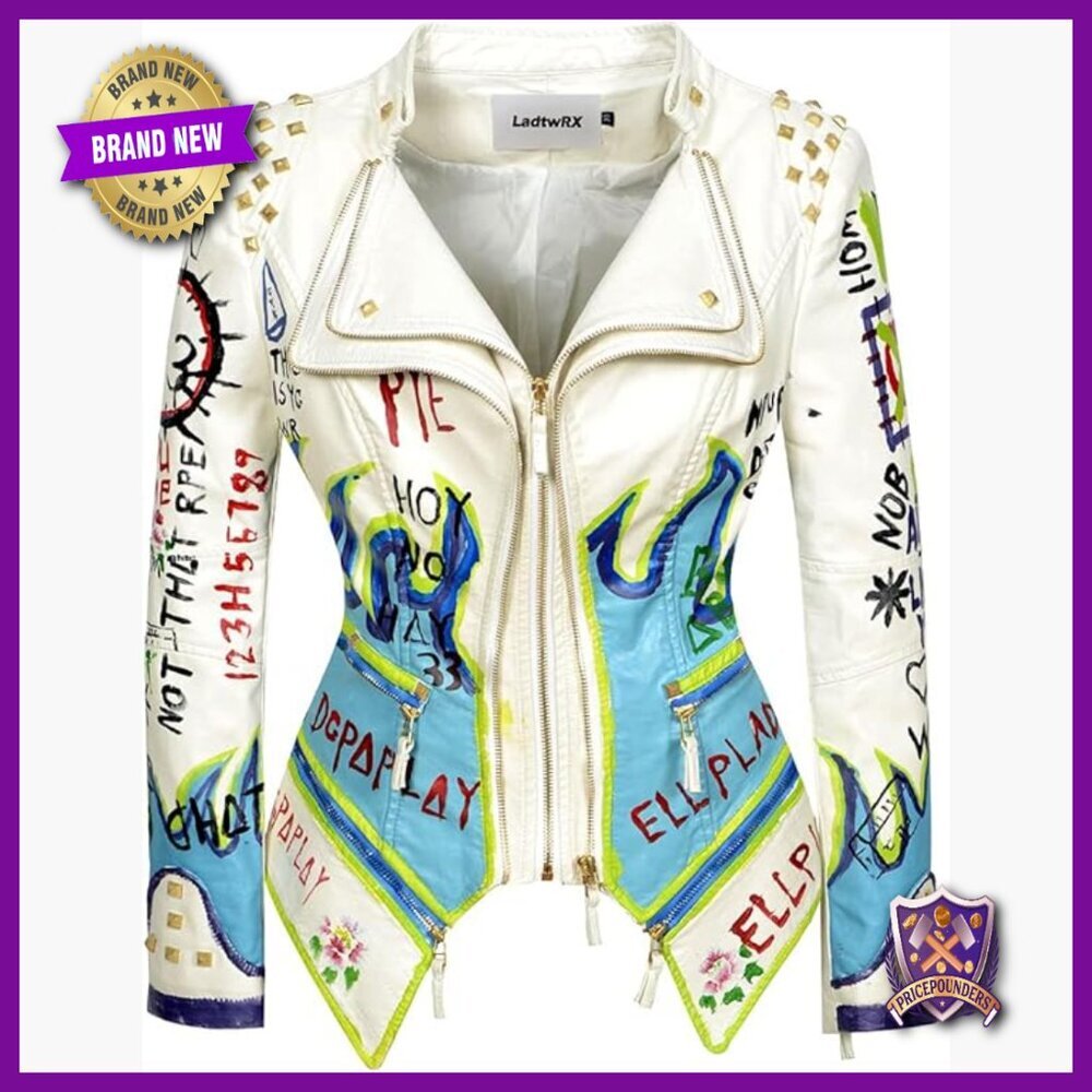 Faux Leather Moto Jacket with Hand-Painted Graffiti Studded Rivets Slim Fit